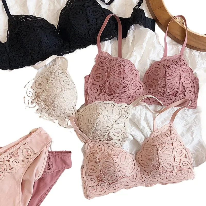 Colors Seamless Comfortable Full Lace Sleepwear Bra Sets Sexy Women Underwear Wire Free Push Up Lingerie Suits Intimates — image 1