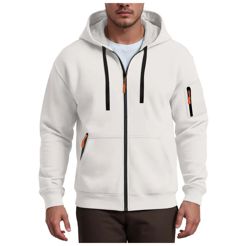Men's Hoodies Solid Color Loose Zip Up Jacket Arm Zipper Pocket Hoodies Sand Hoodie Men — image 16