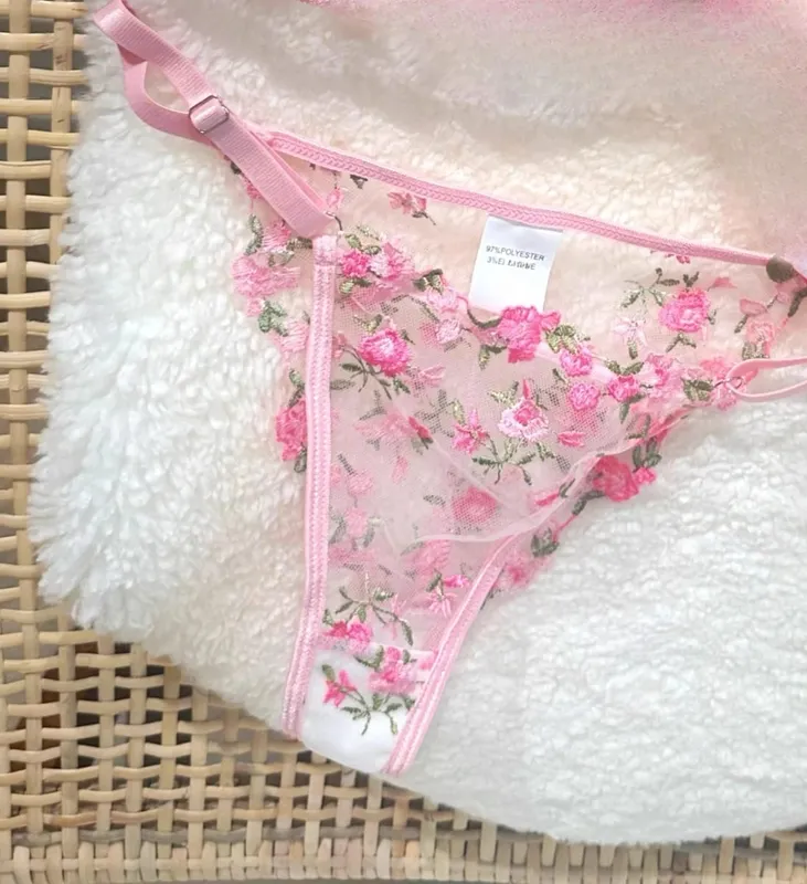 Kawaii Japanese Lingerie Set Sheer Tulle Pink Floral Embroidery Bra Bralette sek-si Pure Matching Set BANERDANNI Tushy Bras — image 13