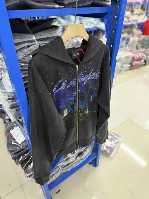 False Rhinestone Starry Sky Pattern Print Washed Zipper Loose Hoodie Street Casual Cotton Versatile Sports Trendy Sweatshirt — image 14