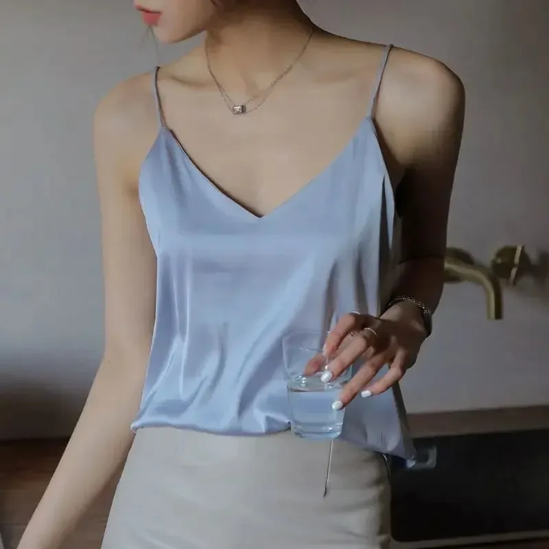 Women Halter V Neck Basic White Cami Spaghetti Strap Top Sleeveless Satin Silk 2026 Tank Tops Women'S Summer Camisole — image 16