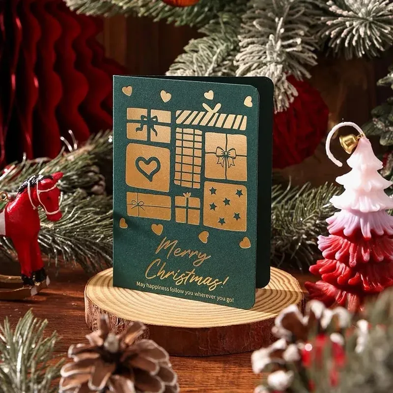 10Pcs Vintage Gold Foil Christmas Folding Greeting Cards Multi Pattern Blessing Holiday Cards New Year Postcard Gift Cards — image 13