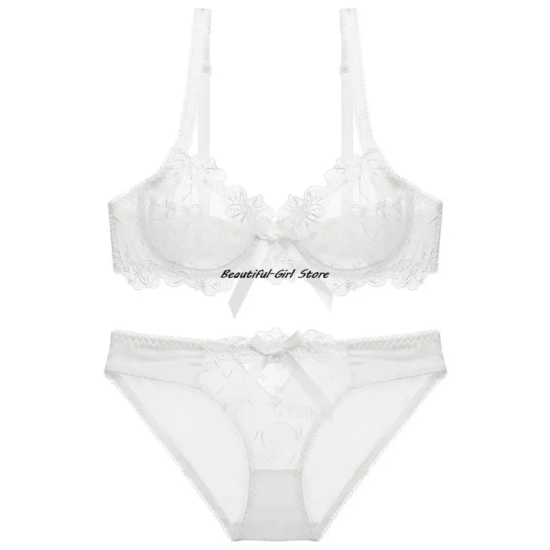 Lace Push Up Bra Set Breathable PantiesThin Mesh Cup Transparent Behalf Lingerie Bow Embroidery Flora Soutien Gorge — image 11