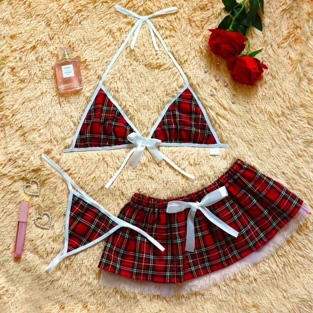 Female student lingerie set women's plaid skirt suspender bra 3-piece set role-playing game set — image 5