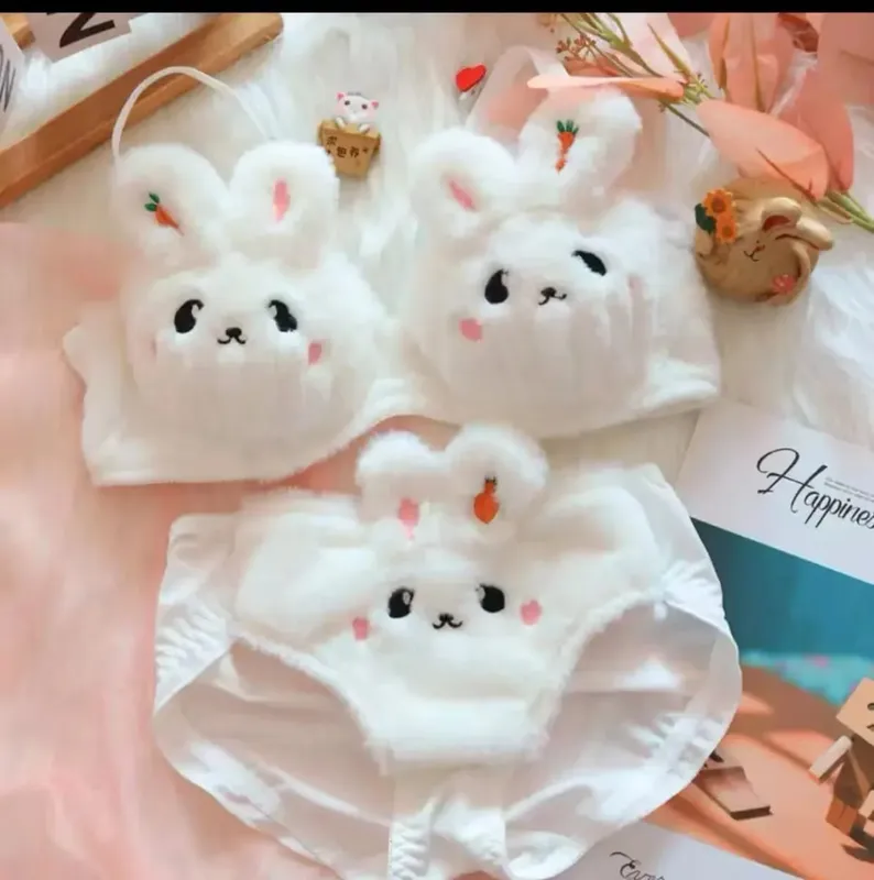 Cute Cat Paw Plush Lingerie Set for Women Warm Winter Bra & Panty with Ears Comfortable Kawaii Underwear — image 21
