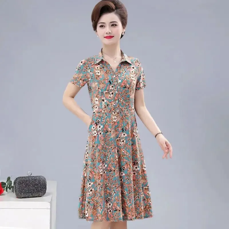 WomenS Floral Print Shirt Dress Short Sleeve Turn Down Collar A Line Midi Dress Casual Summer Dresses For Middle Aged Women
