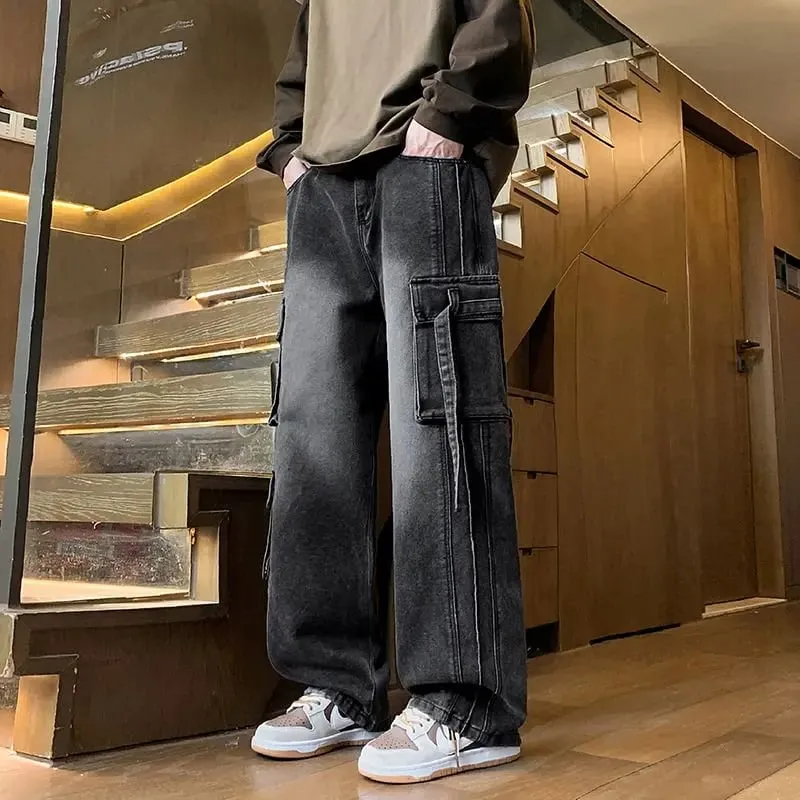 Autumn New Men's Loose Jeans Multi-pocket Work-wearing Jeans Street Hip-hop Straight Wide-leg Pants Baggy Dance Pants — image 2
