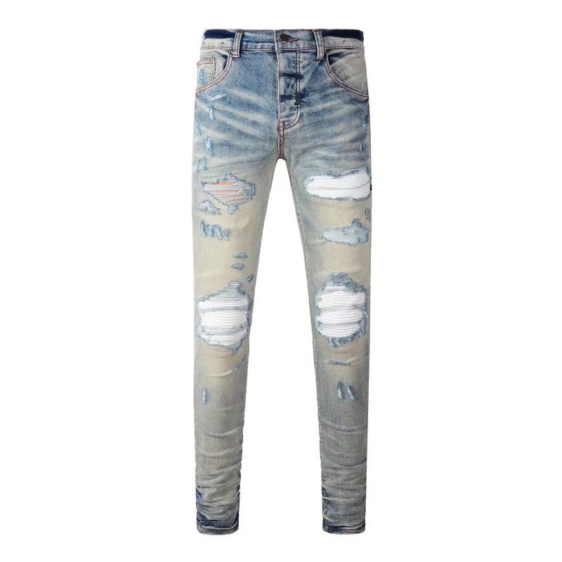 Fashionable New Men's Retro Blue Jeans With Pleated Elastic Perforated Blue Leather Patch Tight Tapered Pants Y2K — image 11