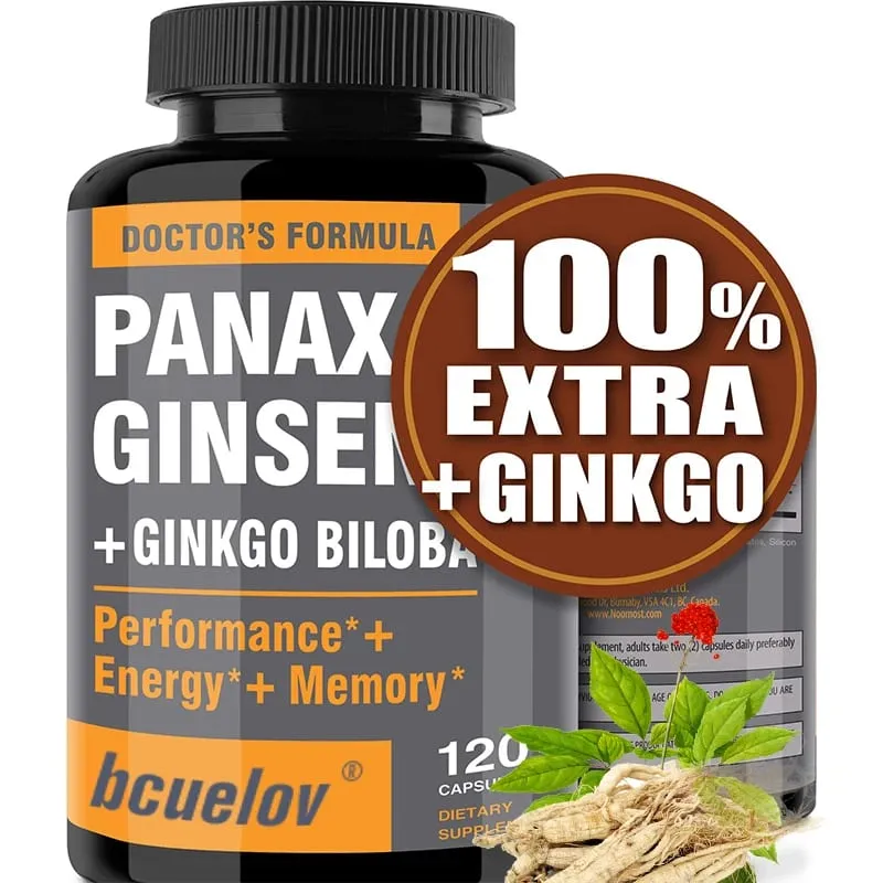 Ginseng + Ginkgo Biloba Supplement Boosts Energy Focus Supports Cognitive Athletic Performance & Heart Health 120 Caps