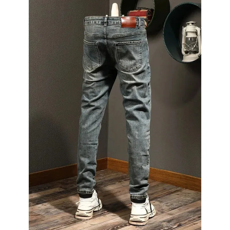 Classic minimalist retro blue jeans men's stretch slim fit 2025 autumn street fashion nostalgic small leg pants — image 5