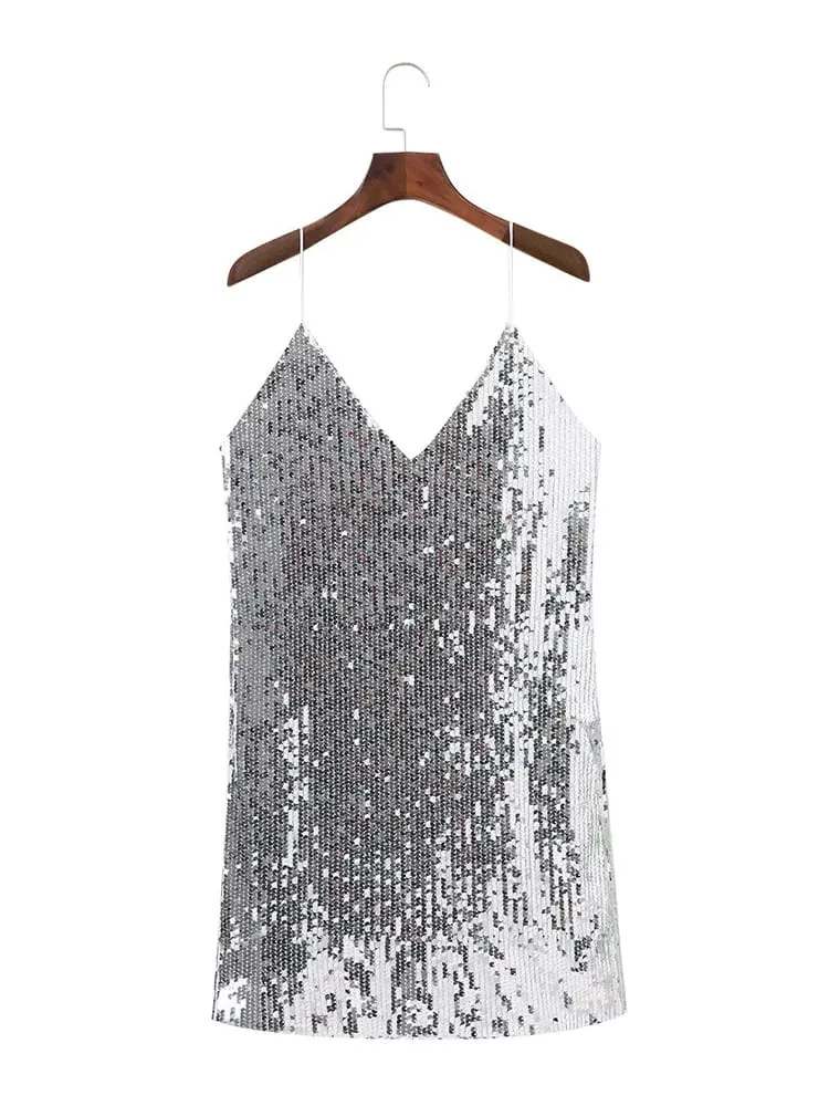 Derin V Boyun Sonbahar Gümüş Payetli Backless Seksi Elbise Kadınlar için açık omuzlu Mini Elbise Noel Partisi Kulübü Askı Elbiseler vestidos — image 6