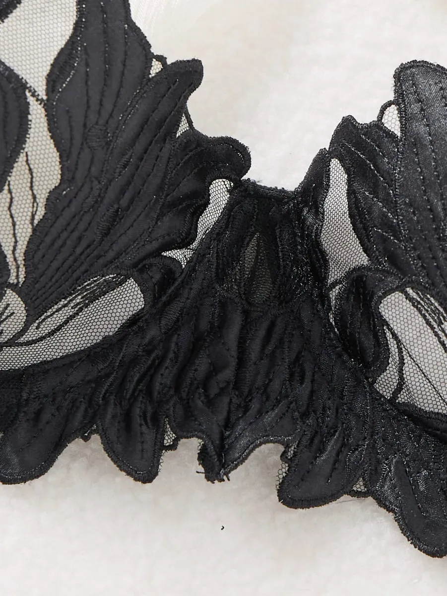 Sexy Black Floral Embroidery Lingerie Set Sheer Mesh Ruffle Sleeve Underwire Bra Panty Intimate Wear — image 3
