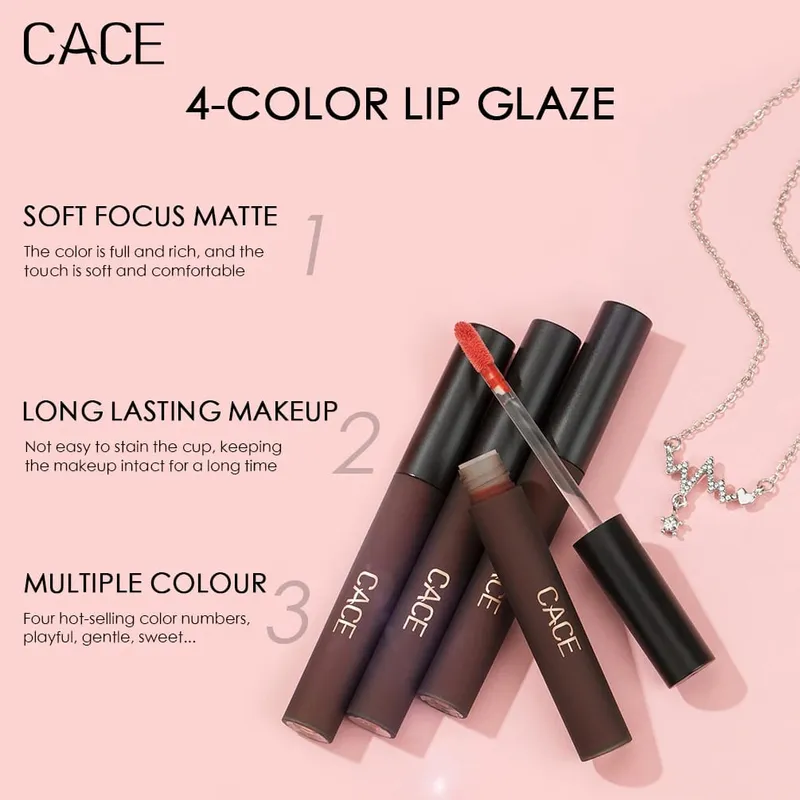4 Stück flüssige Lippenstift-Make-up-Sets, matt, roter Farbton, Lipgloss, langlebig, wasserdicht, Lippenfleck, Kosmetik, mit Halskette, Geschenk — image 5