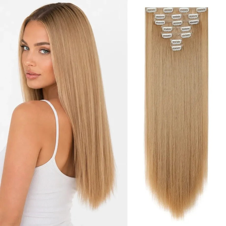 7 Pcs Clip in Hair Extensions 16 Clip in 24 Inch Straight Double Weft Synthetic Hair Extensions for Women Daily Hairstyle — image 2