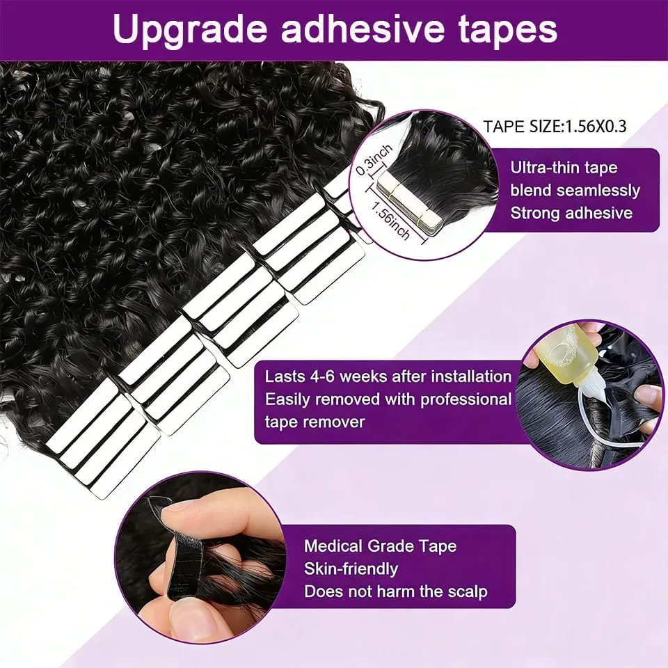 Tape in Hair Extensions Human Hair Deep Wave Brazilian 100% Curly Adhesive Tape in Extensions Human Hair Natural Black For Women — image 4