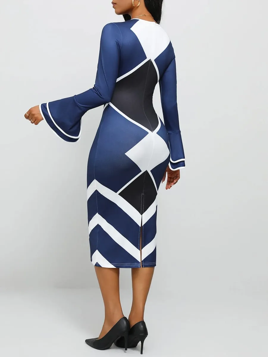 Naval Blue Geometric Print Slim Fit round Neck Dress with Flared Sleeves And Side Slit Long Skirt — image 3