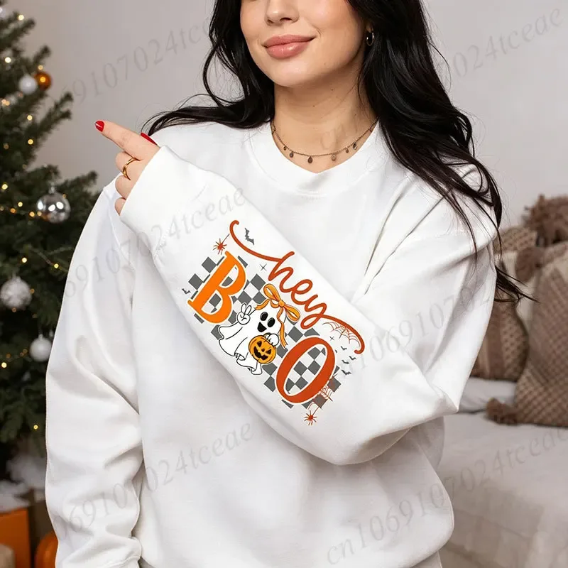 Halloween Hey Boo Unisex Sweatshirt Cute Bow Ghost Pumpkin Graphic Crewneck Long Sleeve Casual Fall Pullover Cotton Tops 330gsm — image 3