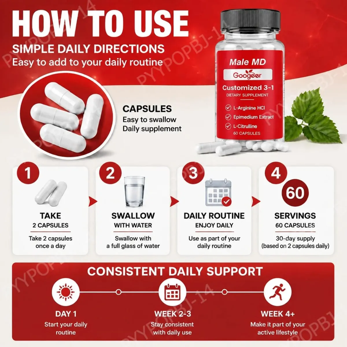 Googeer Male MD 3-in-1 Capsules with L-Arginine HCl and L-Citrulline and Epimedium Extract for Circulation Support 60 Capsules — image 7