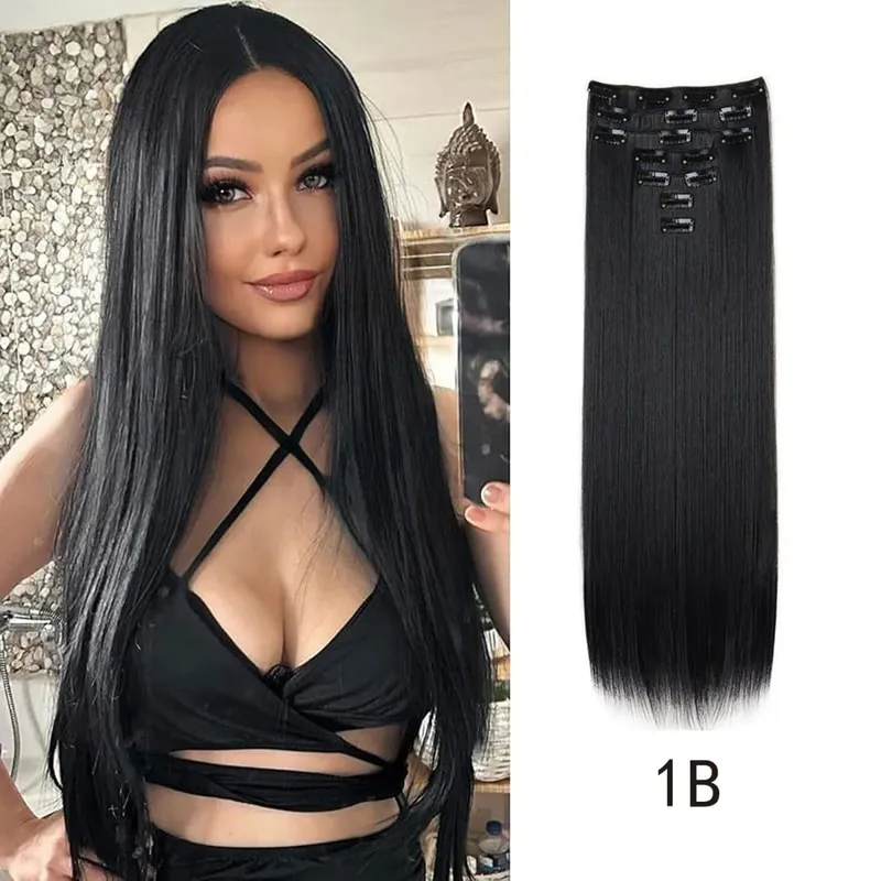 Synthetic 24inch Clips in Hair Extensions Long Straight Hairstyle Blonde Black Hairpieces Heat Resistant False Hair Daily Use — image 7