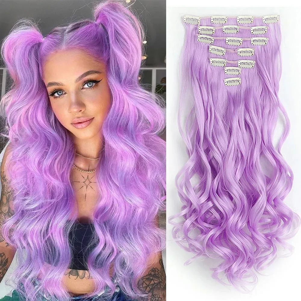 Synthetic Clip in Hair Extensions Purple hairpieces 7pcs/set 22inch Thick Hair for Women Girls Daily Party Cosplay — image 17