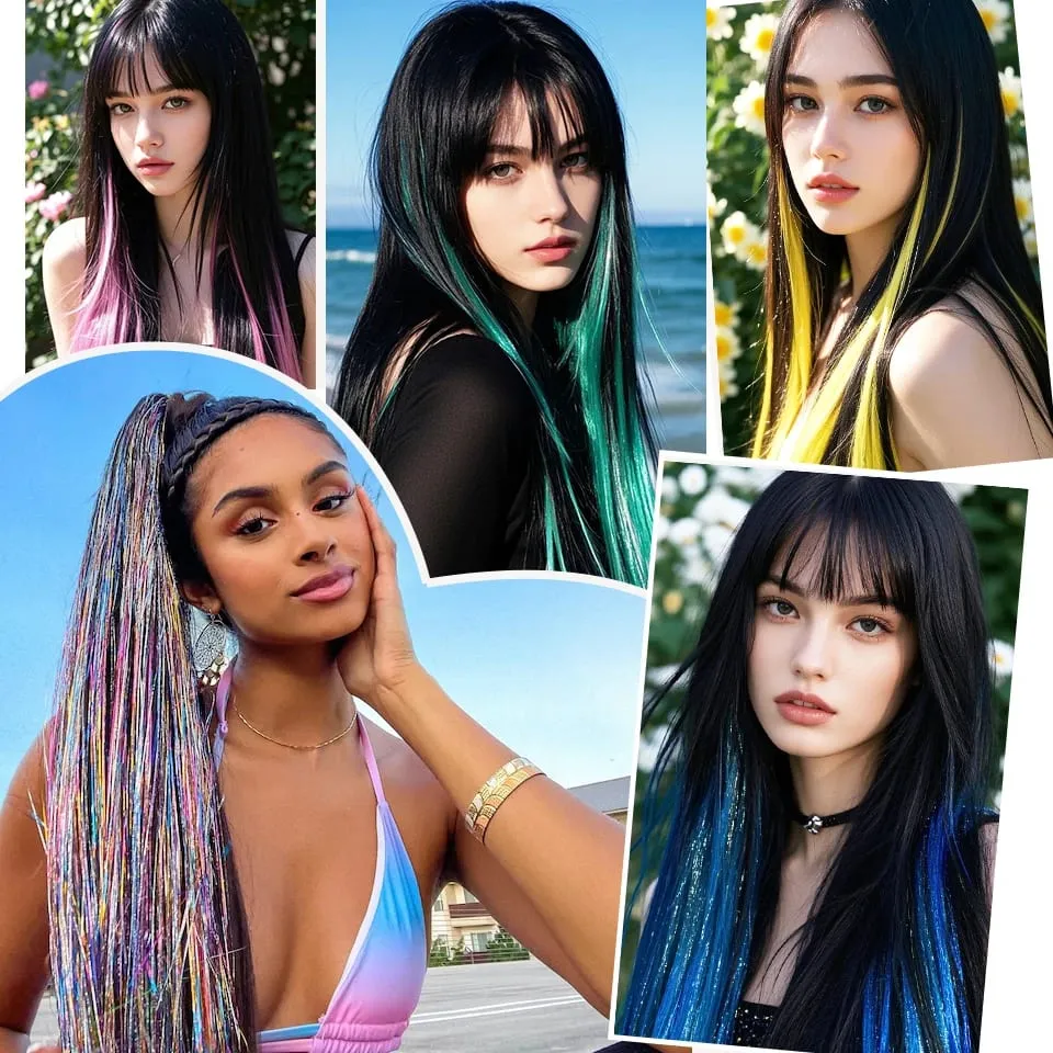 Synthetic Clip in Hair Extensions 12pcs/pack Clip in Colorful Hair Mixed Tinsels Glitter Hairpices for Women Girls Daily Party — image 7