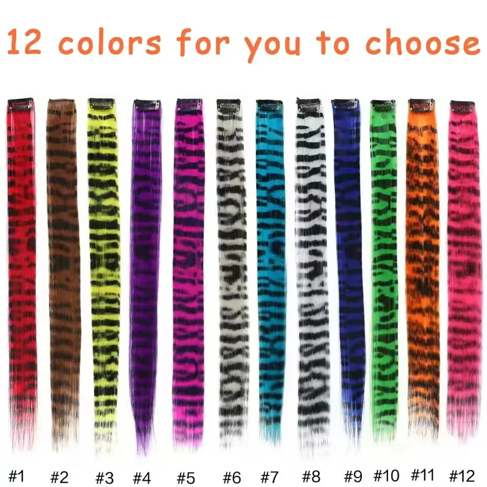 10pcs/set Stripe Printed Hair Colorful Long Straight Hair Pieces Synthetic Clip-in Hair Extensions for Daily Use Party Halloween — image 4