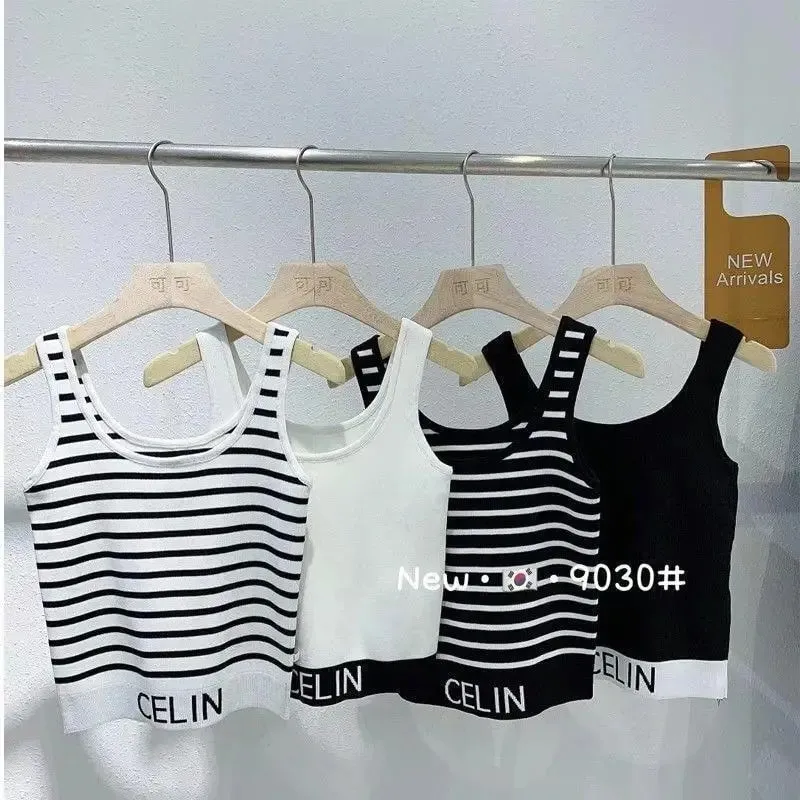 봄과 여름 새로운 한국어 스타일 밑단 편지 줄무늬 슬리밍 니트 홀터 탑 여성을위한 다목적 슬리밍 솔리드 컬러 조끼