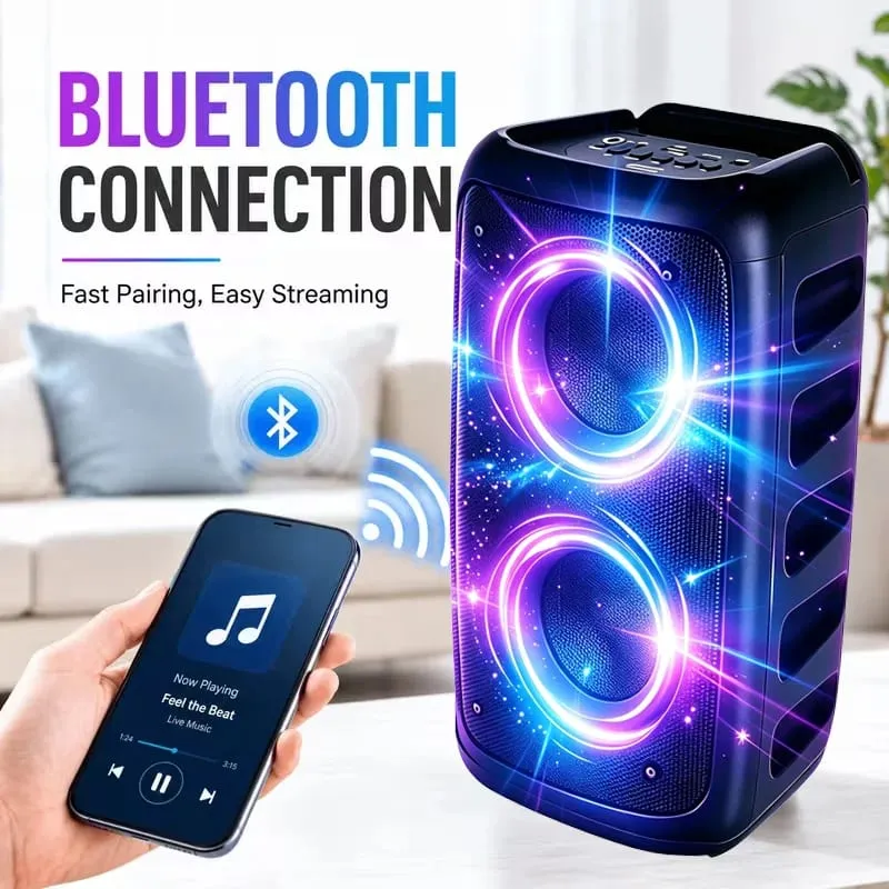 Профессиональный большой Bluetooth-динамик 9900 Гц с микрофоном. Портативный дизайн с сабвуфером. Светодиодная подсветка. Совместимость с функциями BT/USB/TF/AUX/FM/TWS/MIC/EQ. Профессиональное караоке. Идеальный подарок на день рождения, Рождество и Новый год — image 4