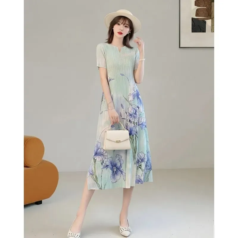 Miyake Ink Print Short Sleeve Dresses 2026 Summer New Short Sleeve Elegant Artistic Fashion Draped Elastic Women's Pleated Dress — image 2