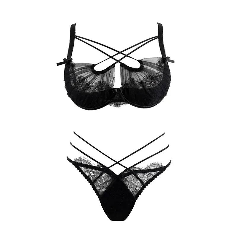 Hot Sale Summer Lace Embroidery Cross Tie Lingerie Set Sheer Mesh Push Up Bra Comfort Daily Wear Underwear Set for Women 32-38 — image 8