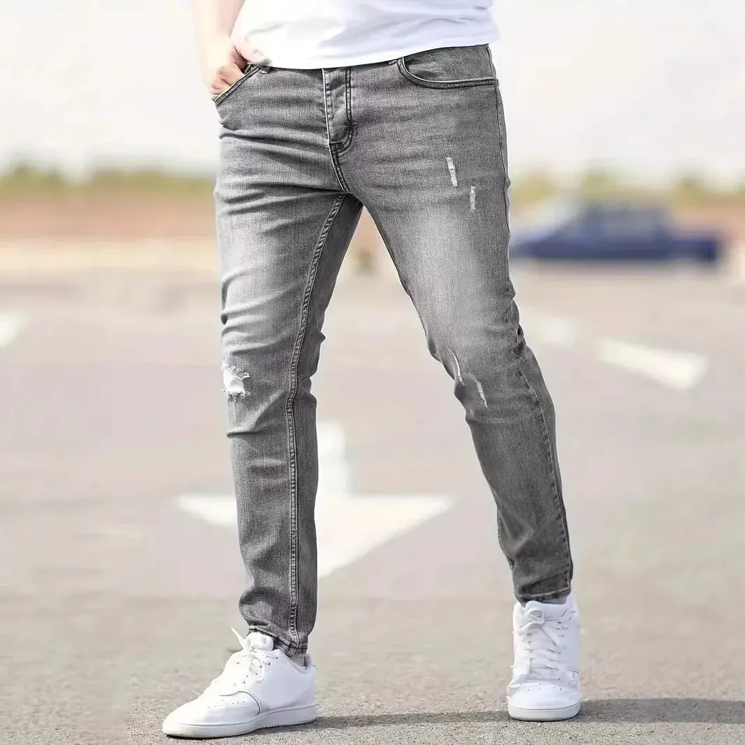 2026 New Fashion Men's Skinny Ripped Jeans Mid Waist Stretch Denim Pants Male's Slim Trousers with Pocket Casual Soft Streetwear — image 6
