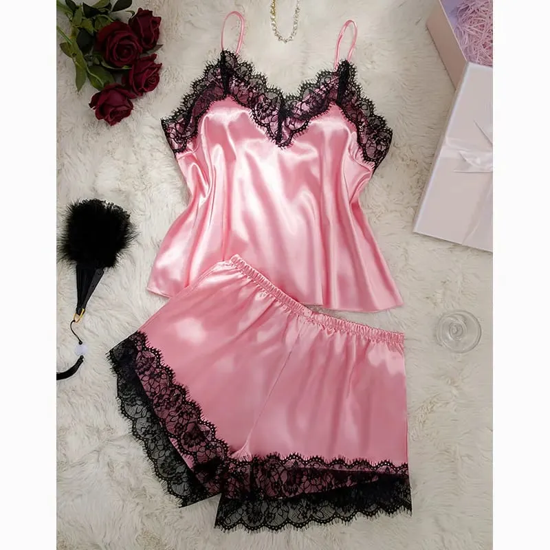 Pink Satin Bra And Panty Sets Silky-Soft Women's Underwear Elegant Loungewear Lace Bras And Pajama Set Spaghetti-Strap Lingerie — image 2