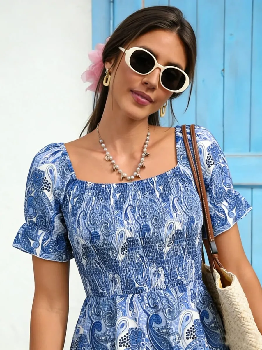 Women's Casual Dresses Square Neck Paisley Print Smocked A-line Dress Boho Dress Spring Summer Beach Date Cute Vacation Dress — image 4