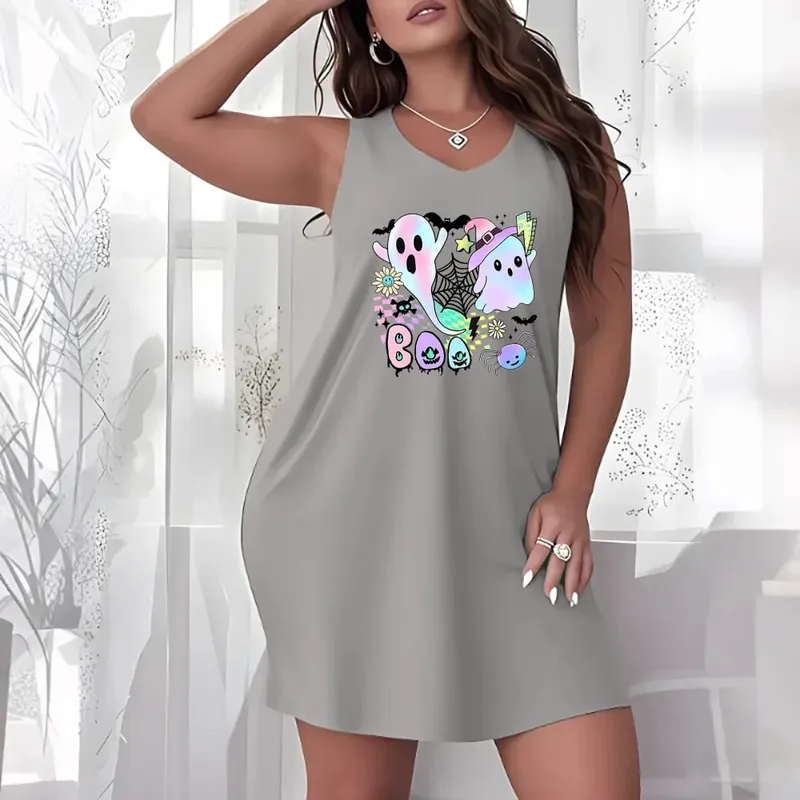 Halloween Theme Plus Size Women Sleeveless Tank Dress Spooky Cartoon Graphic Crew Neck Loose Dress Casual Holiday Party Dresses — image 18