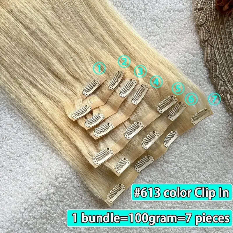 #613 Blonde Clips In Hair Extensions Human Hair Straight Natural Hair Extensions Feel Soft Hairstyle 100g/Bundles For Women