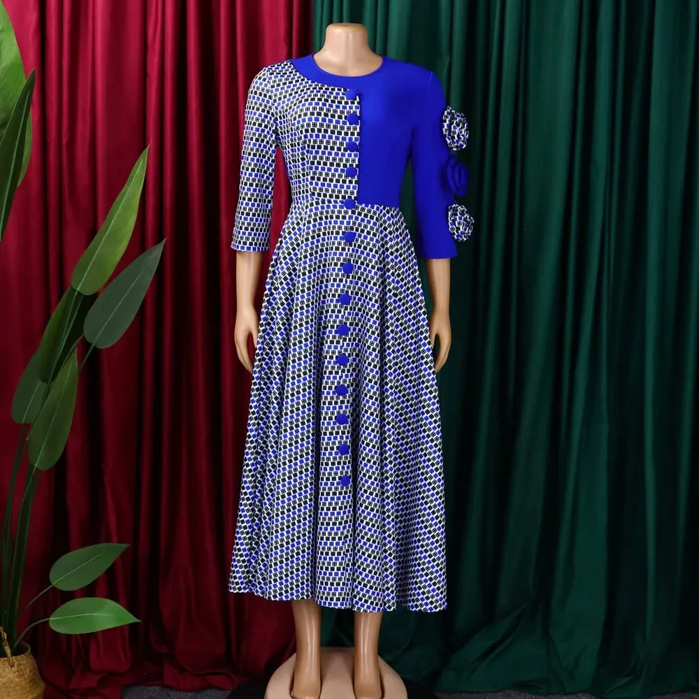 Elegant Dresses for Women 2025 Fall Fashion African 3/4 Sleeve Party Birthday New Robe Chic 3D Flower Plaid Evening A-Line Dress — image 5