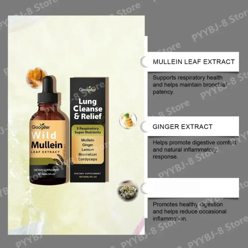 Wild Mullein Leaf Extract Drops with Ginger & Lemon Peel 60ml Herbal Liquid Supplement for Daily Respiratory Wellness & Comfort