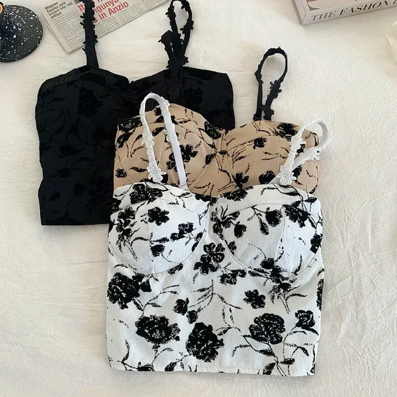 Women Sweet Elastic Camis Underwear Padded Bra Spaghetti Cute Crop Tops Print Tank Tops For Women Summer — image 3