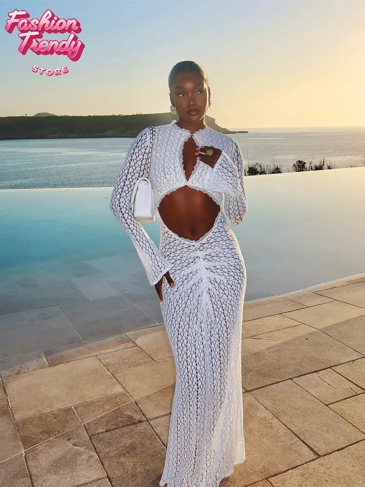 Fashion Hollowed-out Lace Patchwork Dress Women Solid O-neck Long Sleeve Pleated Bodycon Maxi Dresses Summer Lady Vacation Gown — image 1