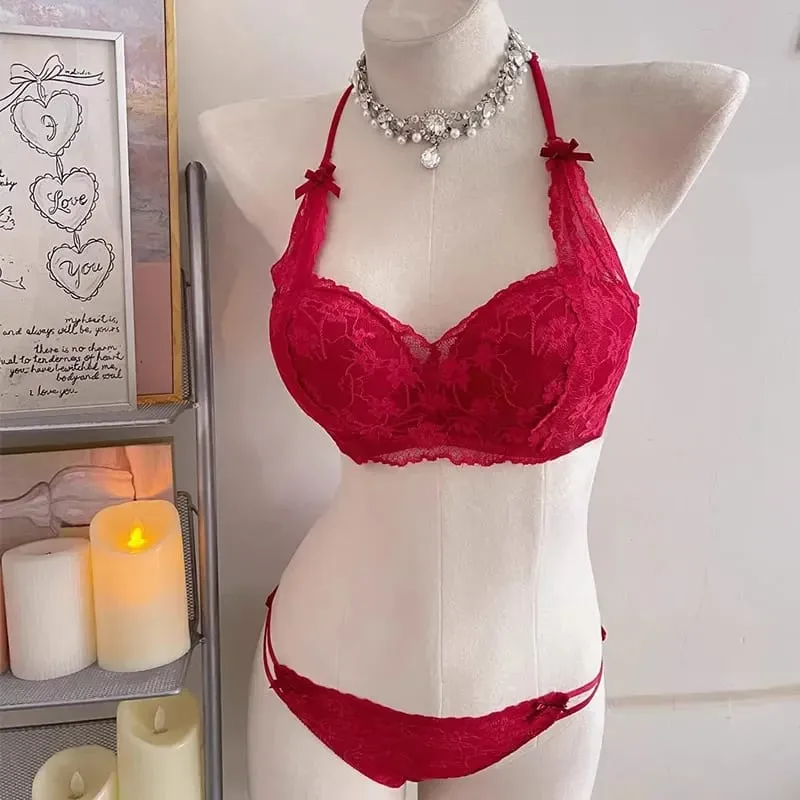Female Halter Style Bow Lace Bra Padded Push‑Up No Underwire Soft Inner Wear Lingerie for Small Bust Daily Wearセクシーな