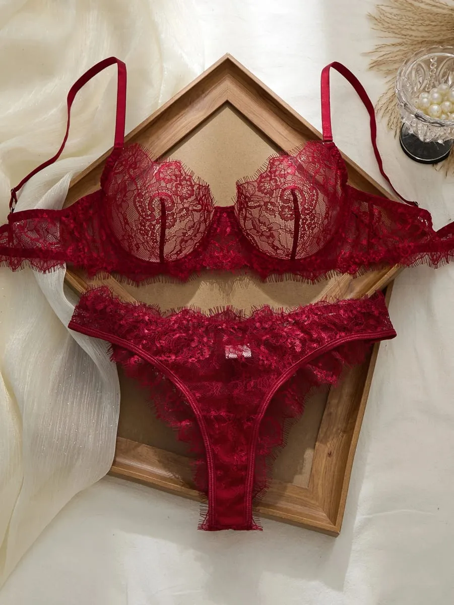 2pcs Ladies' Basic Style Thin Lace Bra And Panty Set Comfortable Seamless Single Layer Romantic Transparent Intimate Apparel