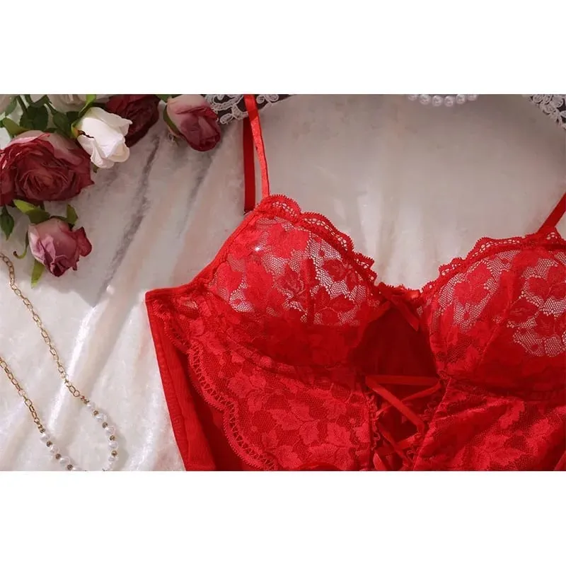 Sexy Bra And Garter Belt Lingerie Hot Red Babydoll Dress Erotic Women Exquisite 3-Piece Sets Thong Nightgown Set With Leg Rings — image 2