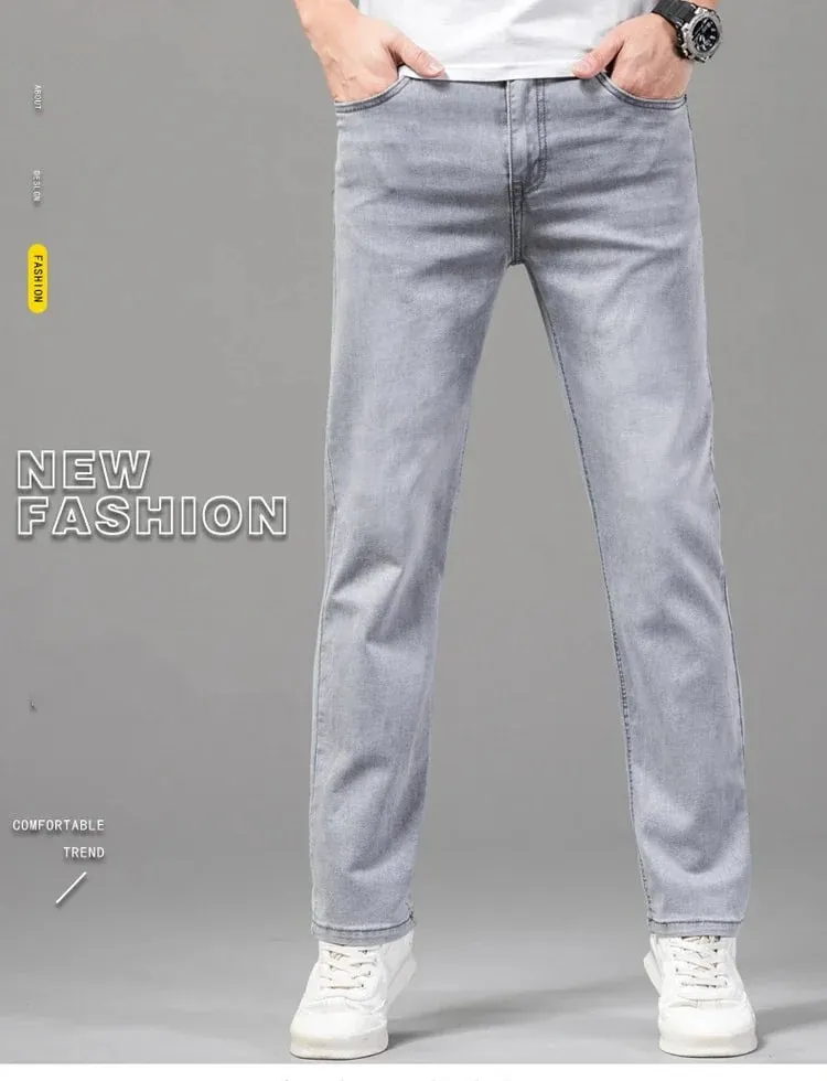 Zomermerk Heren Fit Rechte lichtgewicht katoenen stretchjeans Business Casual Hoge taille Dunne lichtgrijze jeans herenbroek