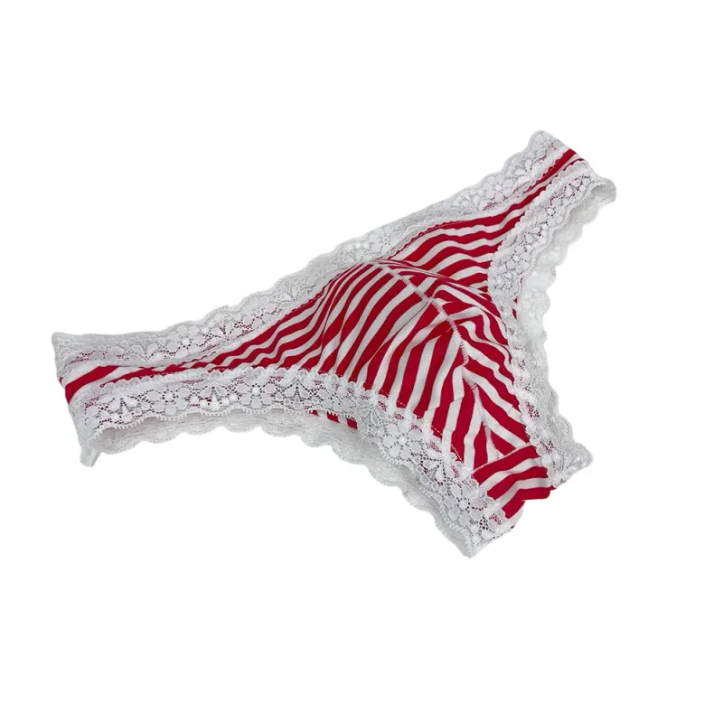Men Lace Trim Striped G-string Underwear Half-covered Butt Low-rise Pantie Thong Half Hip Men Briefs Mens Sexy Underwear — image 3