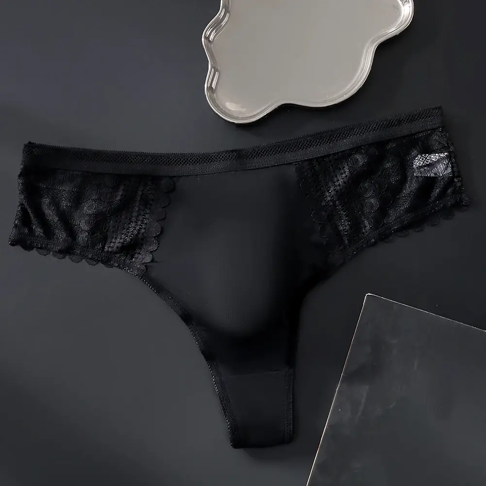 1pc hommes Sexy dentelle slips sans couture glace soie sous-vêtements en string 3D renflement poche solide string haute élastique respirant culotte