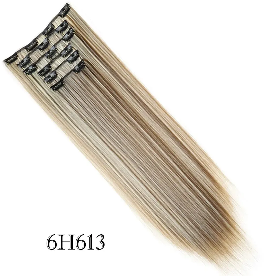 6Pcs/Set Clip In Hair Extension Synthetic Highlights Blonde Long Straight Hairpiece Full Head Thick Hairpieces for Women Girls — image 14