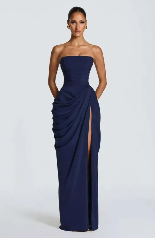 Mingmingxi Spring Summer Yellow Strapless Maxi Dress Ruched High Slit Evening Gown Bodycon Wedding Guest Party Dress Women — image 8