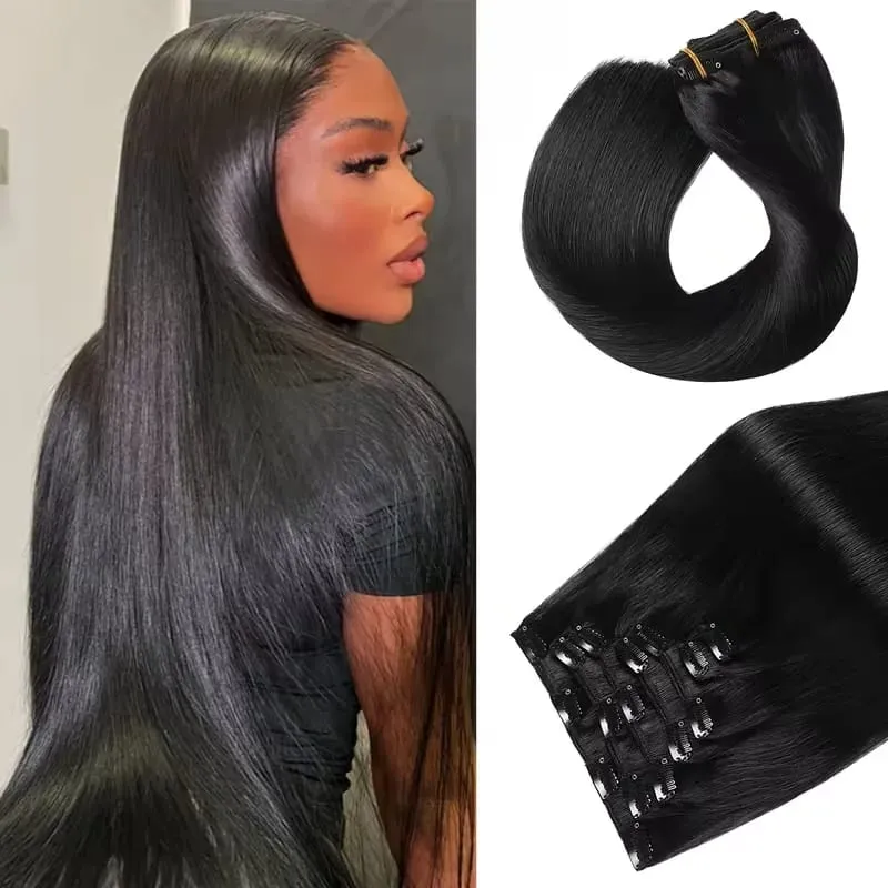 Clip in Hair Extensions Real Human Hair 26 Inch 120g Invisible Seamless Straight Remy Human Hair Clip in Extensions 1B Black — image 2