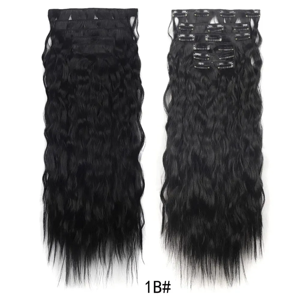 Clip in Synthetic Hair Extensions Brown Blonde Color Mermaid Waves Synthetic Hair Pieces for Women 6pcs Set