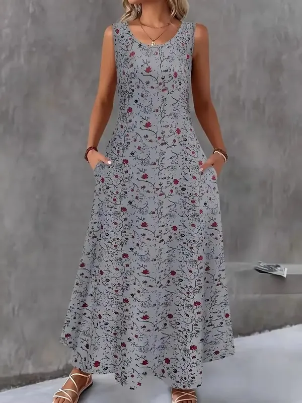 Women Summer Casual Sleeveless Floral Print Maxi Dress O Neck A-Line Long Dress With Pockets Loose Vestidos Beach Sundress — image 9